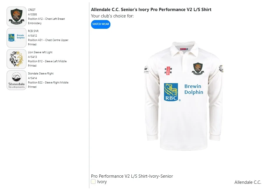 Allendale C.C. Senior's Ivory Pro Performance V2 L/S Shirt