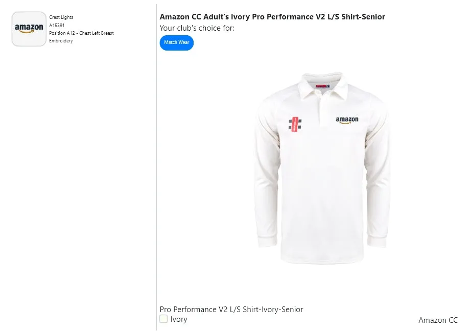 Amazon CC Adult's Ivory Pro Performance V2 L/S Shirt-Senior