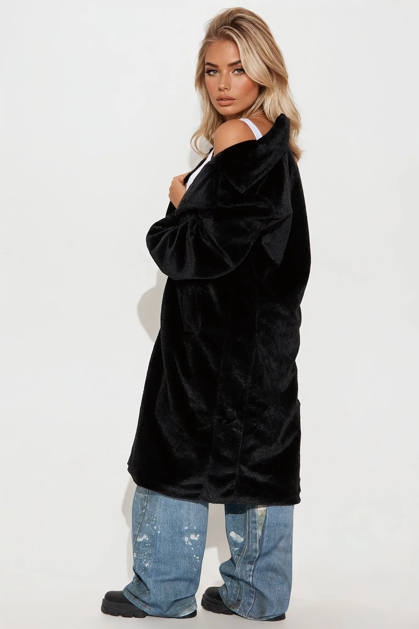 Ashley Faux Fur Trench Coat - Black