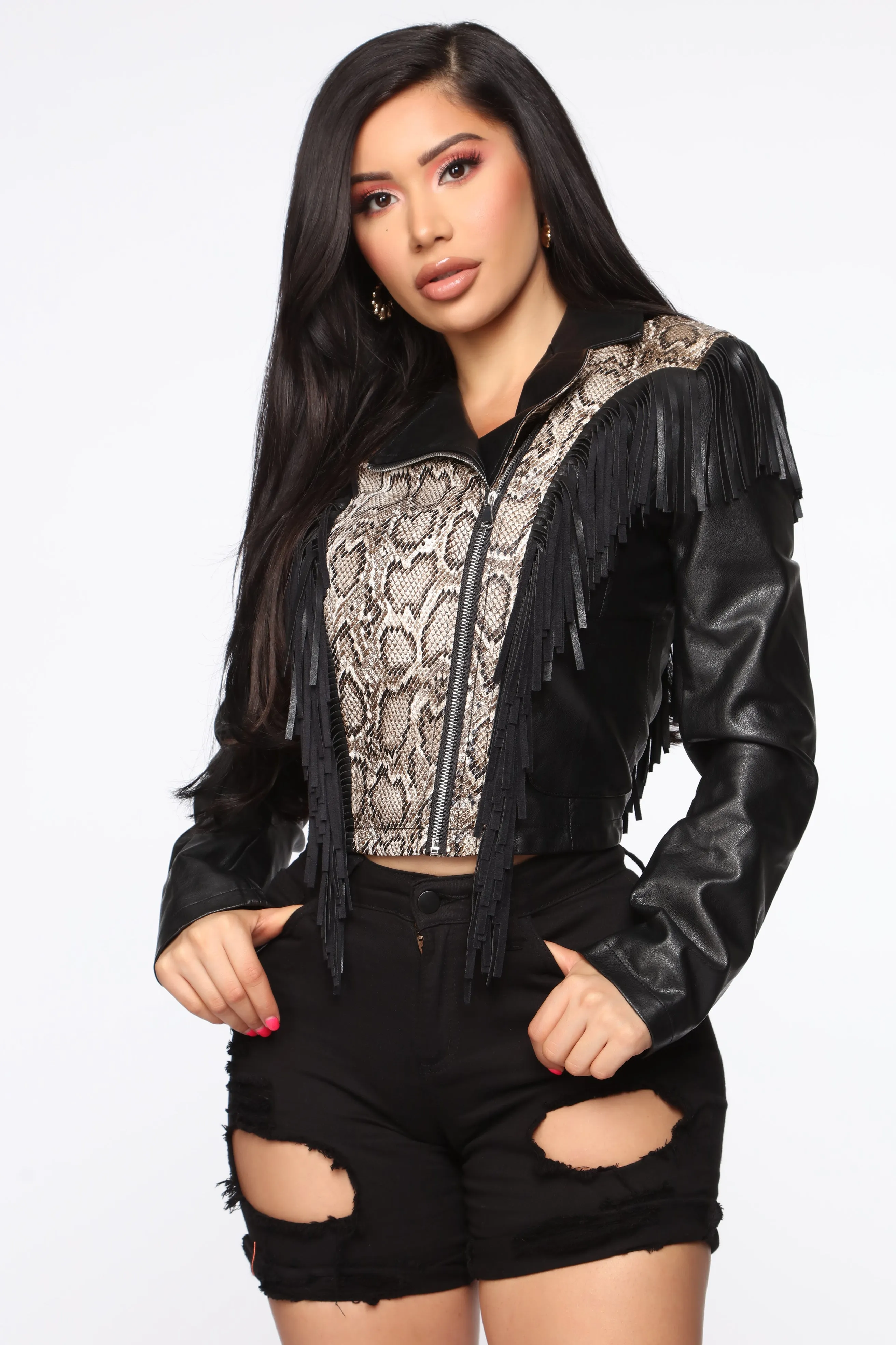 Bewear Fringe Moto Jacket - Black/Combo