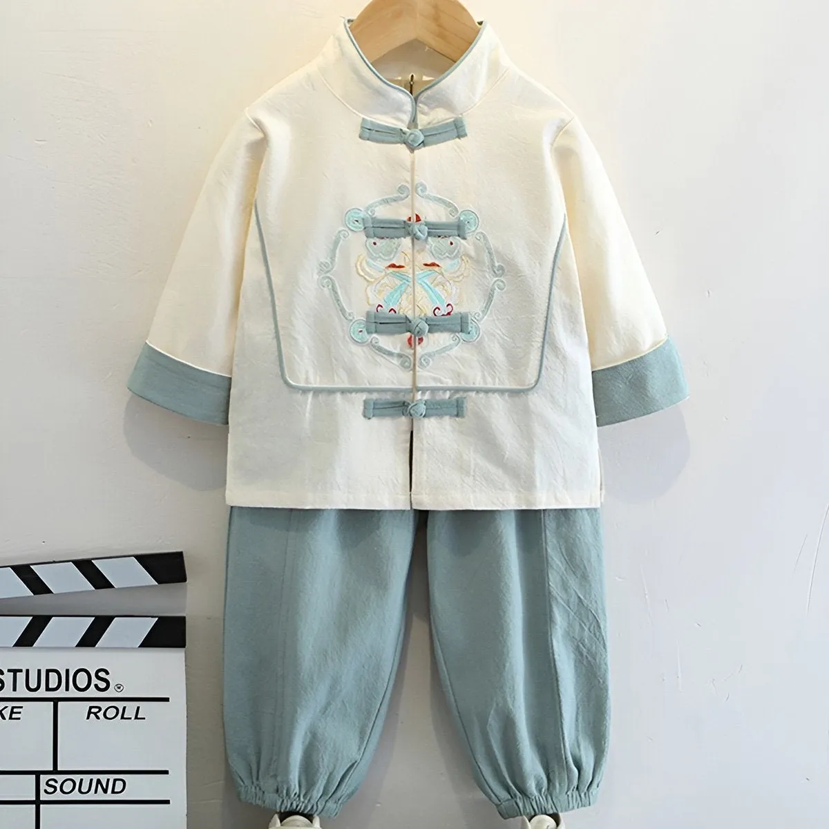 Boys' White and Light Blue Tang Suit Hanfu Set