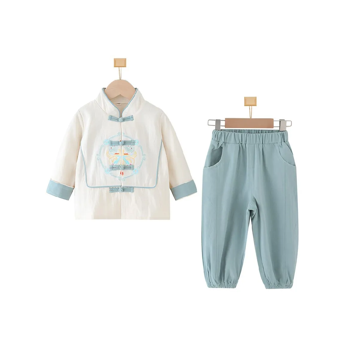 Boys' White and Light Blue Tang Suit Hanfu Set