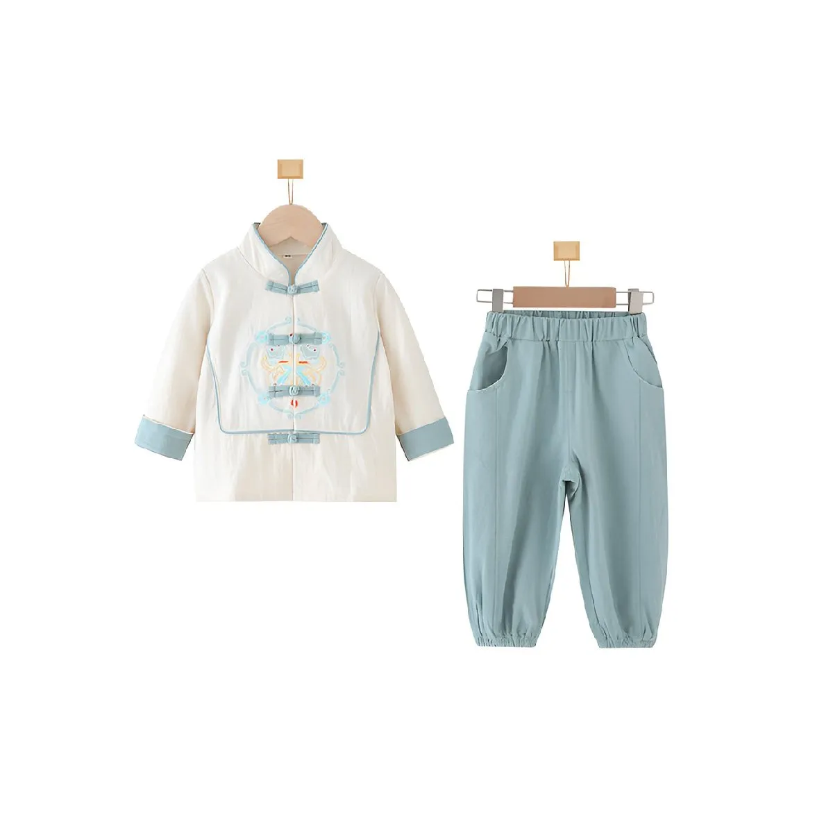 Boys' White and Light Blue Tang Suit Hanfu Set