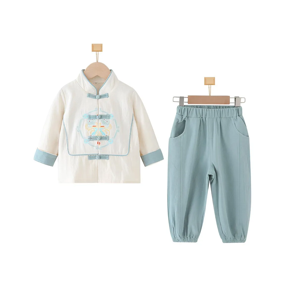 Boys' White and Light Blue Tang Suit Hanfu Set