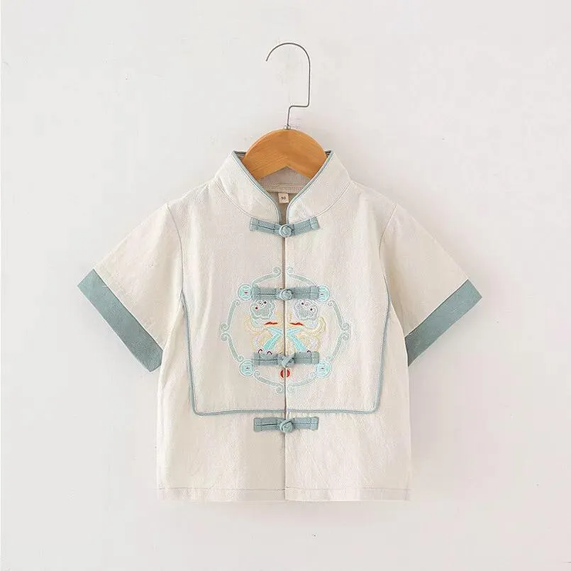 Boys' White and Light Blue Tang Suit Hanfu Set