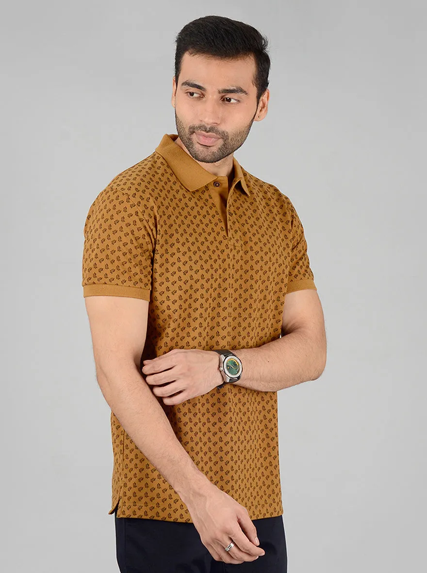 Brown Printed Slim Fit Polo T-Shirt | Greenfibre