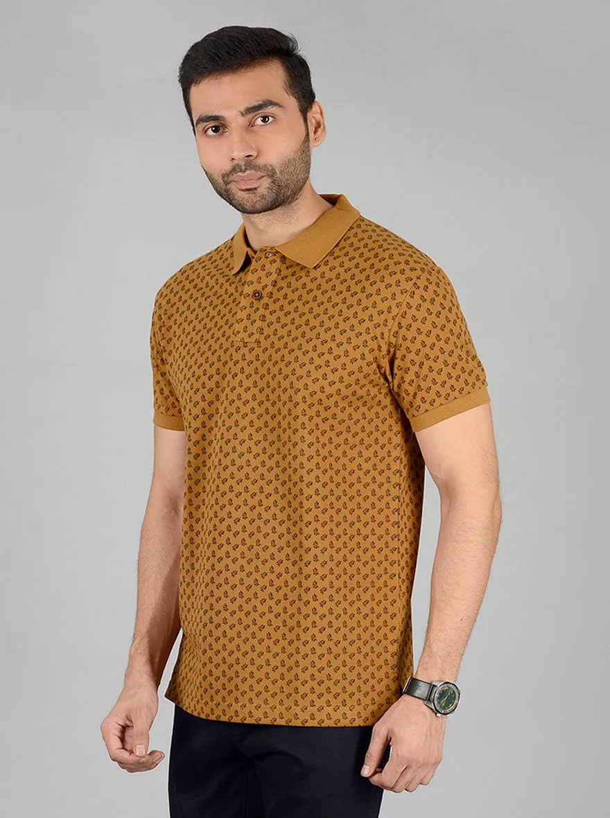 Brown Printed Slim Fit Polo T-Shirt | Greenfibre