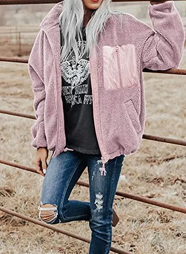 BTFBM Women Long Sleeve Full Zip Jackets Casual Solid Color Loose Fleece Short Teddy Coats Jacket Outerwear With Pockets(Solid Pink, Medium)