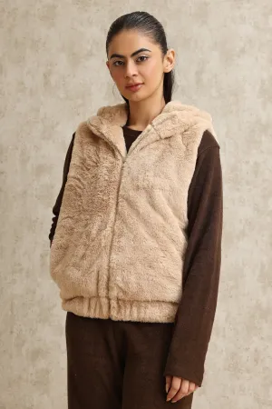 COZY SLEEVELESS FUR JACKET-KHAKI