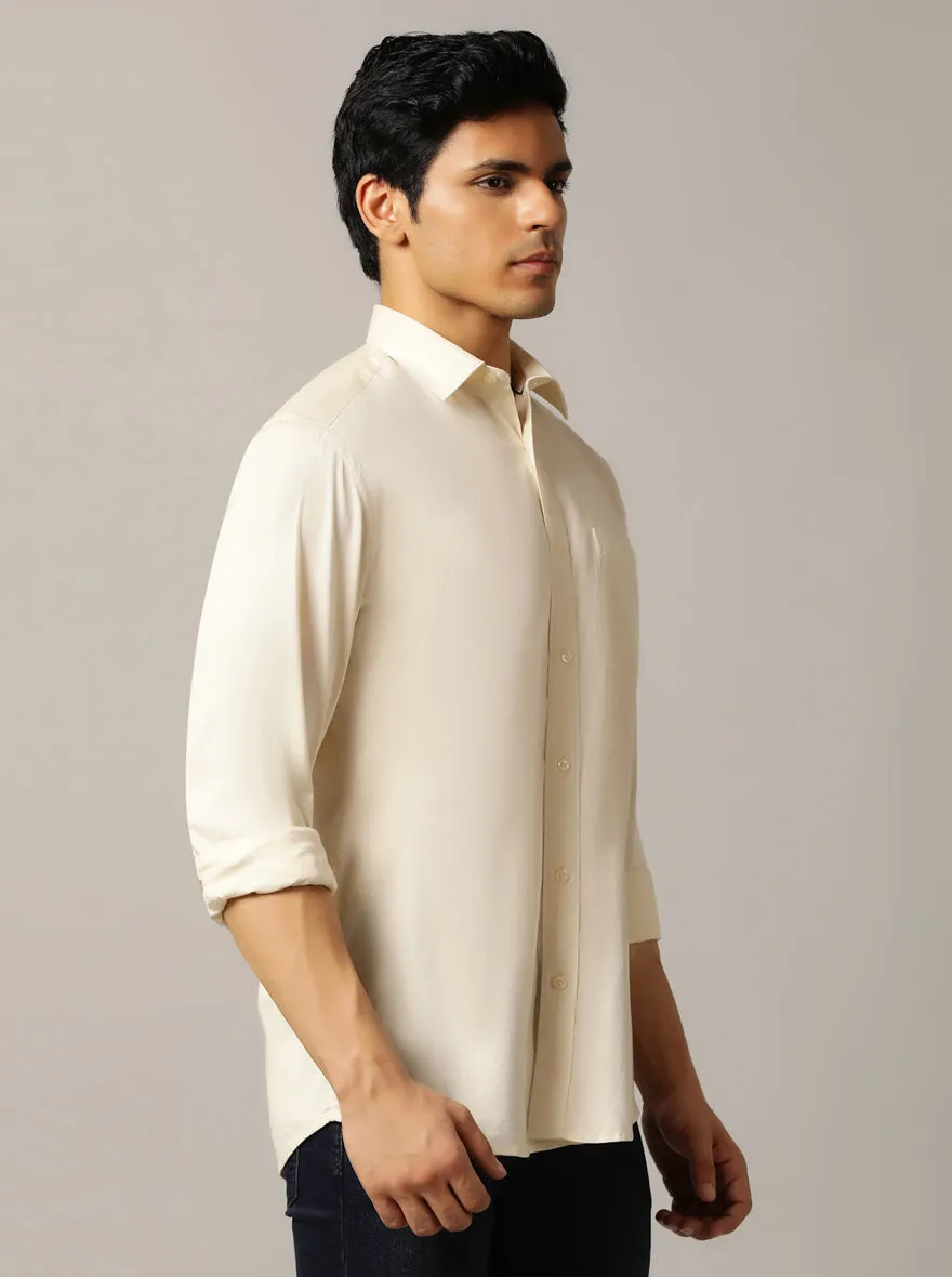 Cream Solid Tailored Fit Semi Casual Shirt | JadeBlue