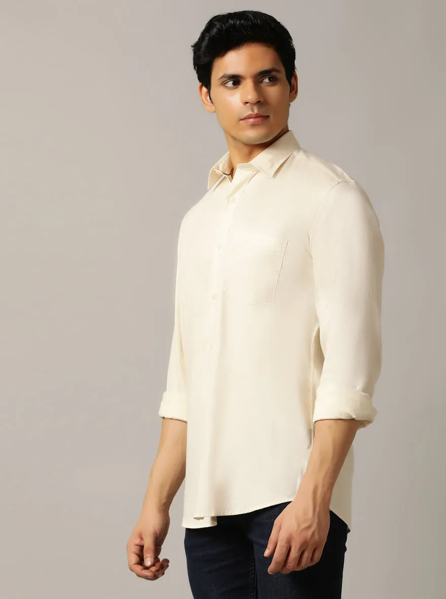 Cream Solid Tailored Fit Semi Casual Shirt | JadeBlue