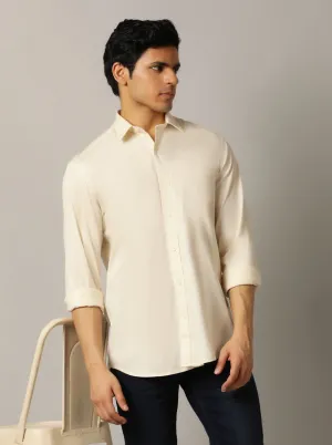 Cream Solid Tailored Fit Semi Casual Shirt | JadeBlue