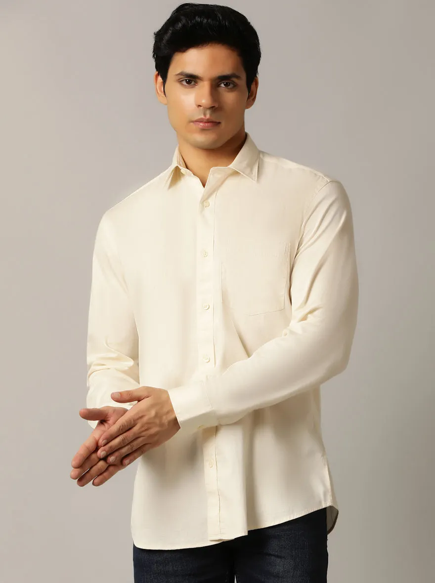 Cream Solid Tailored Fit Semi Casual Shirt | JadeBlue