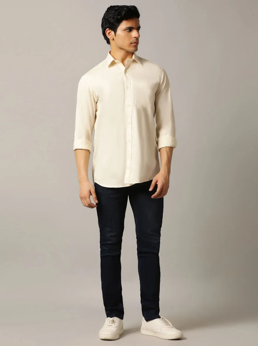 Cream Solid Tailored Fit Semi Casual Shirt | JadeBlue