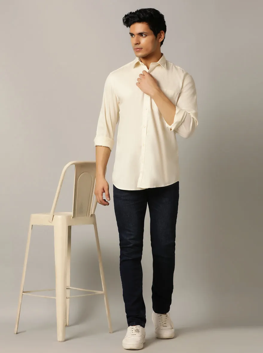 Cream Solid Tailored Fit Semi Casual Shirt | JadeBlue