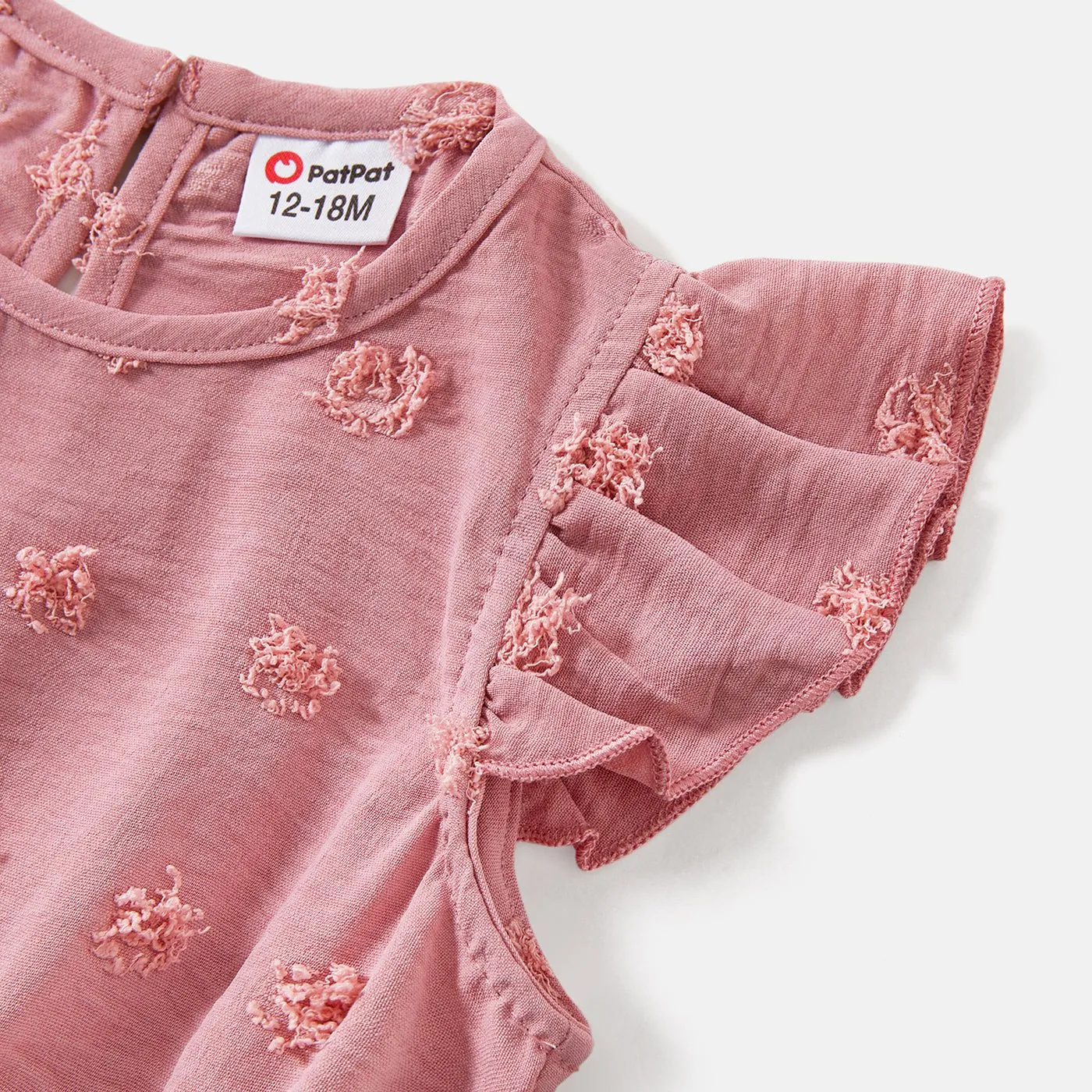 Family Matching Cotton Short-sleeve T-shirts and Pink Swiss Dot Lace Detail Flutter-sleeve Dresses Sets