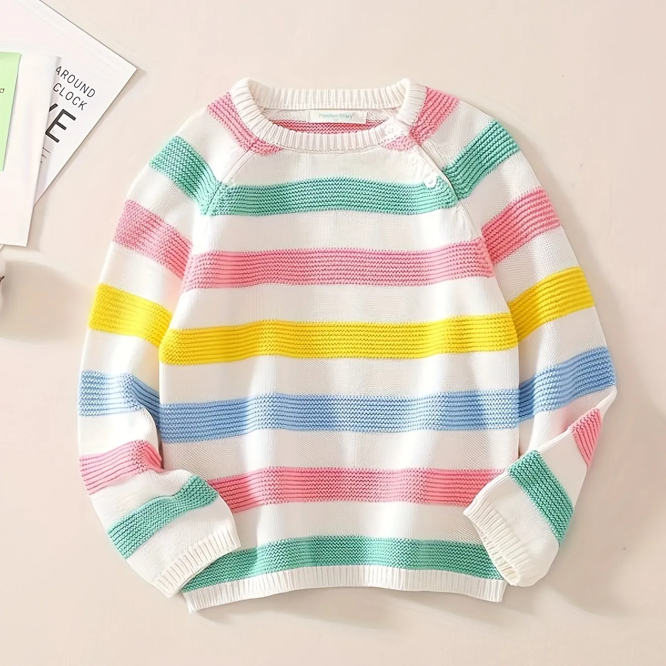 Girls' Soft & Cozy Striped Knit Sweater - 100% Pure Cotton, Breathable, Comfortable, Long Sleeve Pullover for Kids - Perfect Diary Brand, Spring/Autumn Collection, Ideal for Casual Wear, Outdoor Play, and School Days