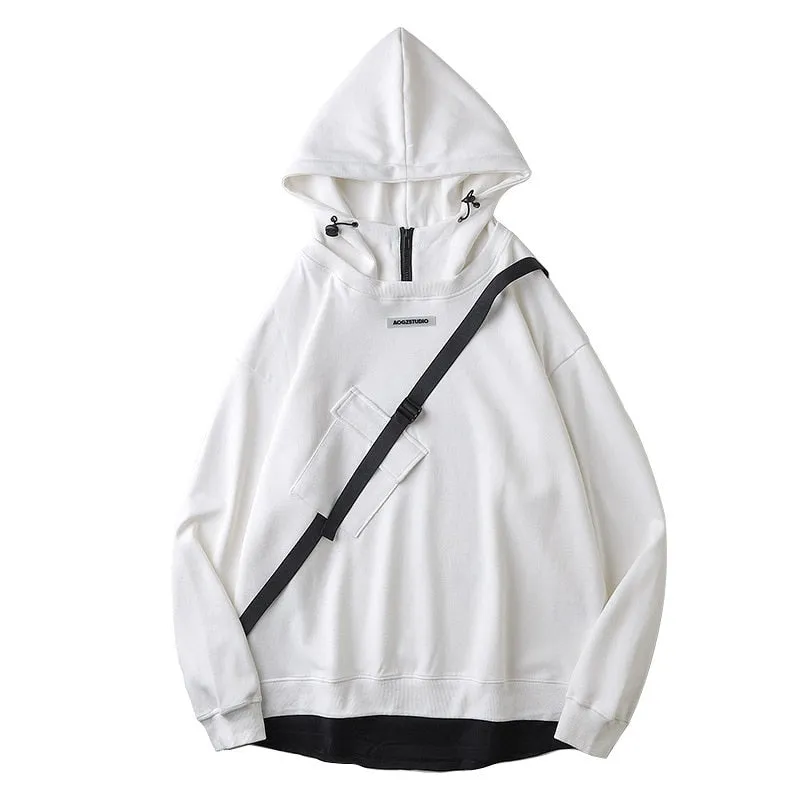 Harajuku Hoodies Men Ribbon Design Pullover Hip Hop Streetwear Hoodies Sweatshirts Techwear Black Techwear