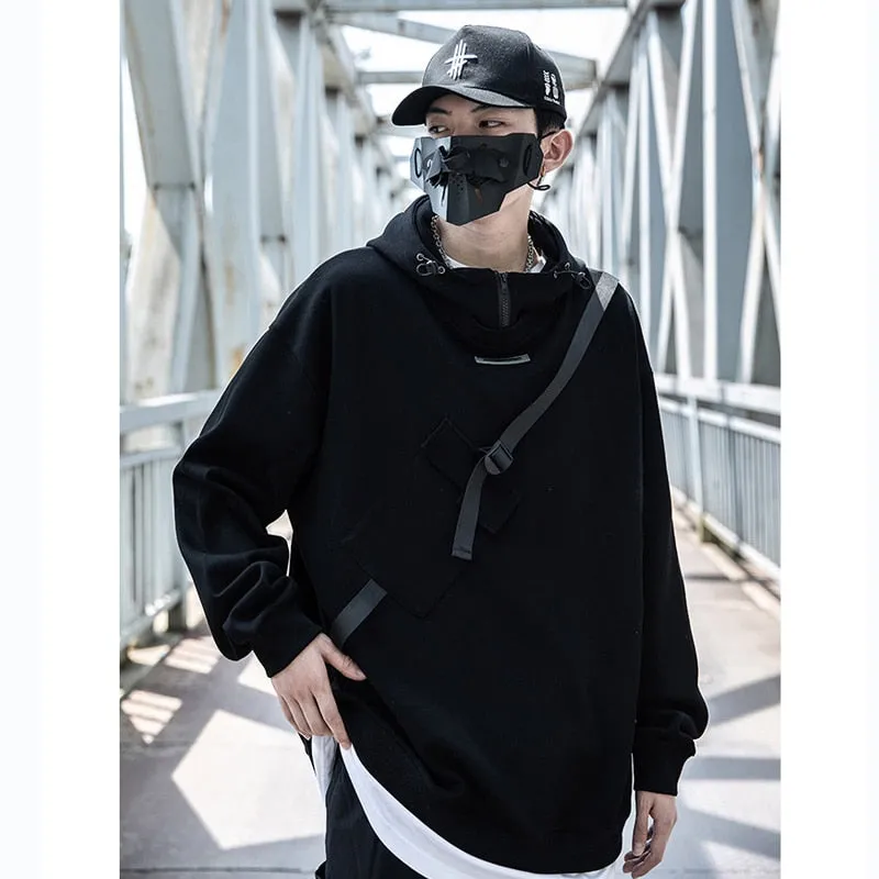 Harajuku Hoodies Men Ribbon Design Pullover Hip Hop Streetwear Hoodies Sweatshirts Techwear Black Techwear