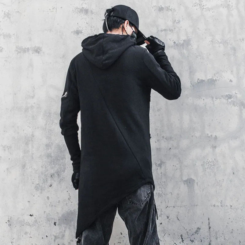 Irregular Asymmetric Cut Design Hoodie Sweatshirt Autumn Men Harajuku Hoodies Zipper Coat Hip Hop Streetwear Black Clothes