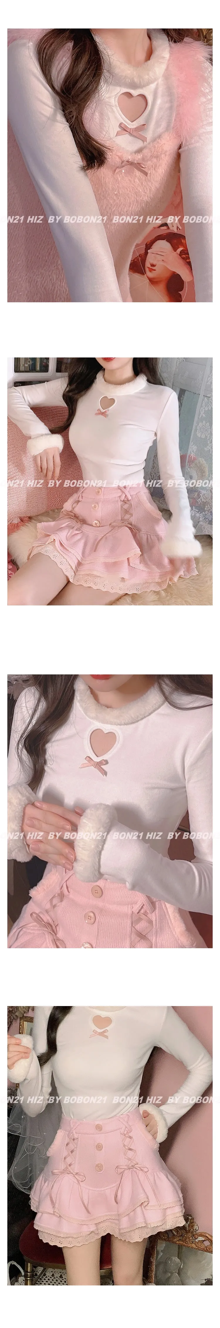 Japanese Pink Sweet Lolita Blouse Women Winter Warm Kawaii Knitted Blouse Female Long Sleeve Tops Korean Style Clothing  New