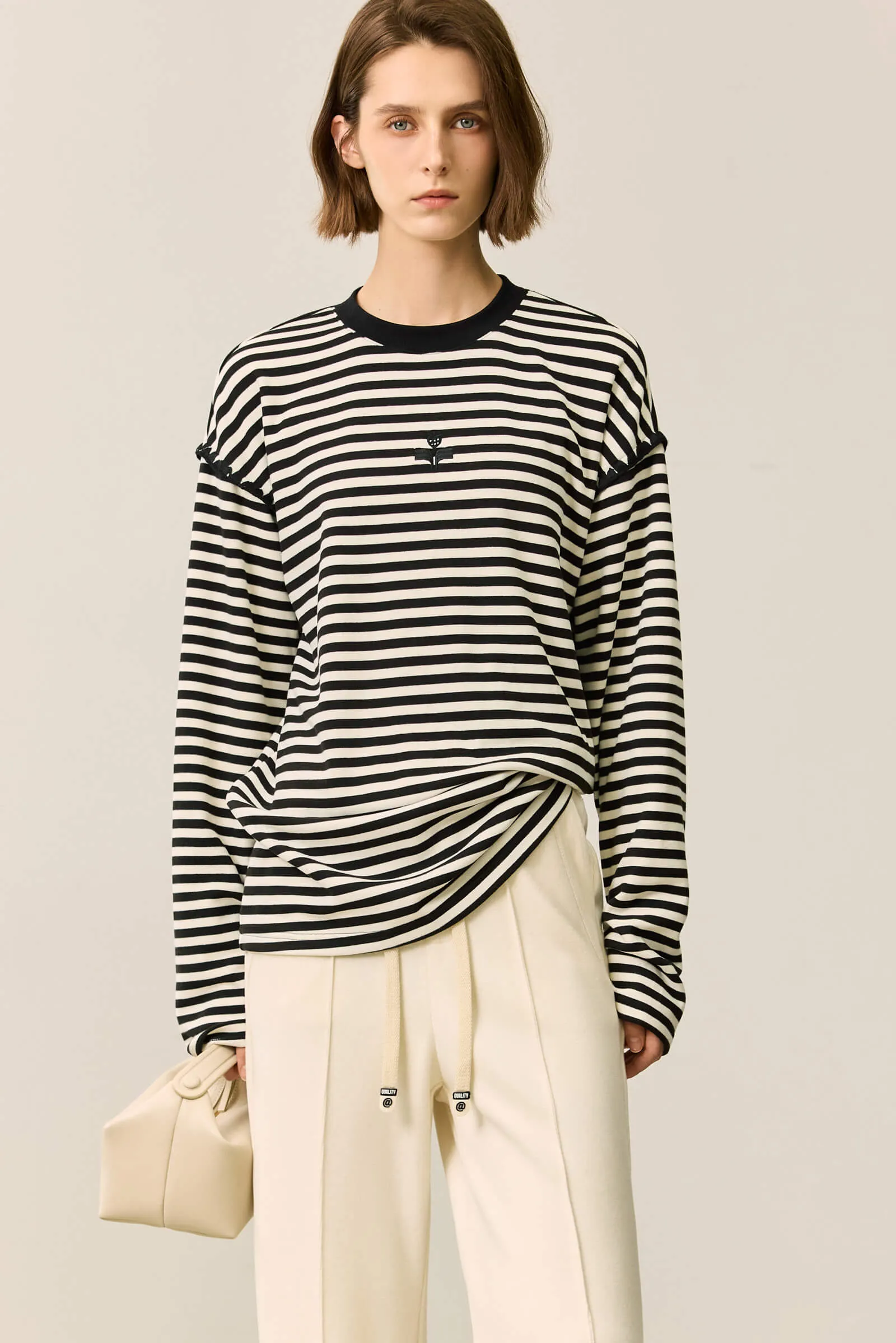 LILY Black-and-White Color-Block Striped Long Sleeve T-Shirt