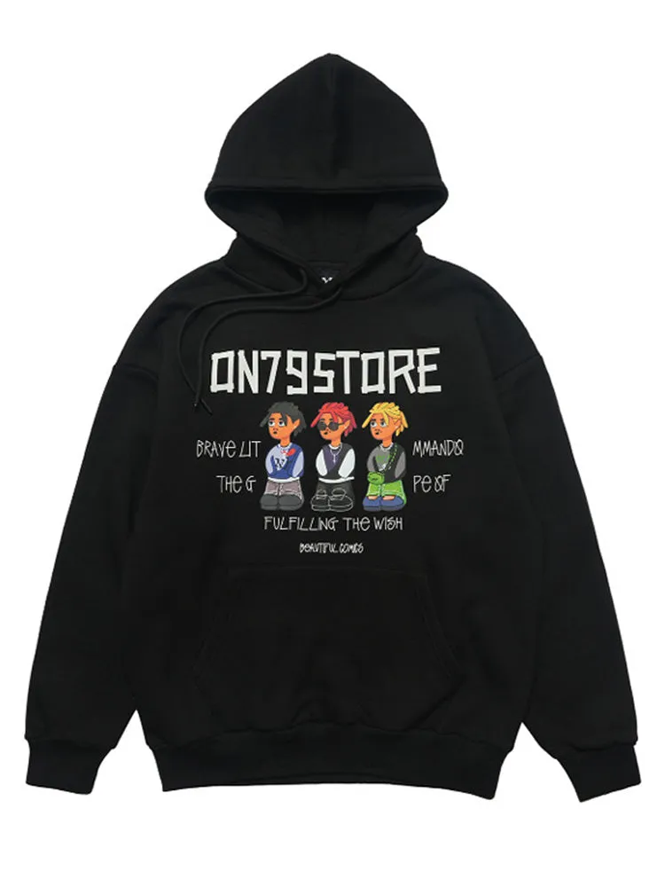 Loose-Fitting Cartoon Print Pocket Hoodie