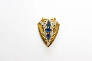 MCCLELLAND BARCLAY Art Deco Gold Plated with Blue and Clear Stones Shield Dress Clip