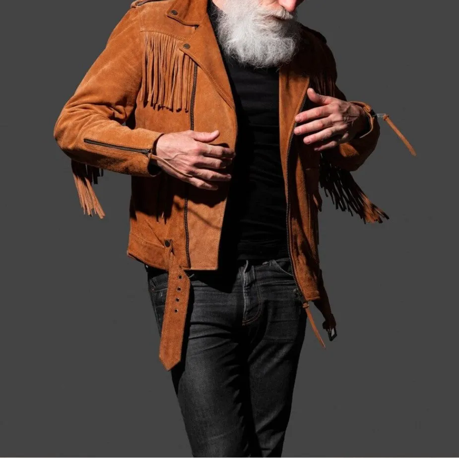 Men's Suede Leather Belted Jacket - Western Style Cowboy Fringe, Biker Fringe Jacket