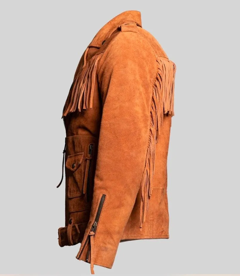 Men's Suede Leather Belted Jacket - Western Style Cowboy Fringe, Biker Fringe Jacket