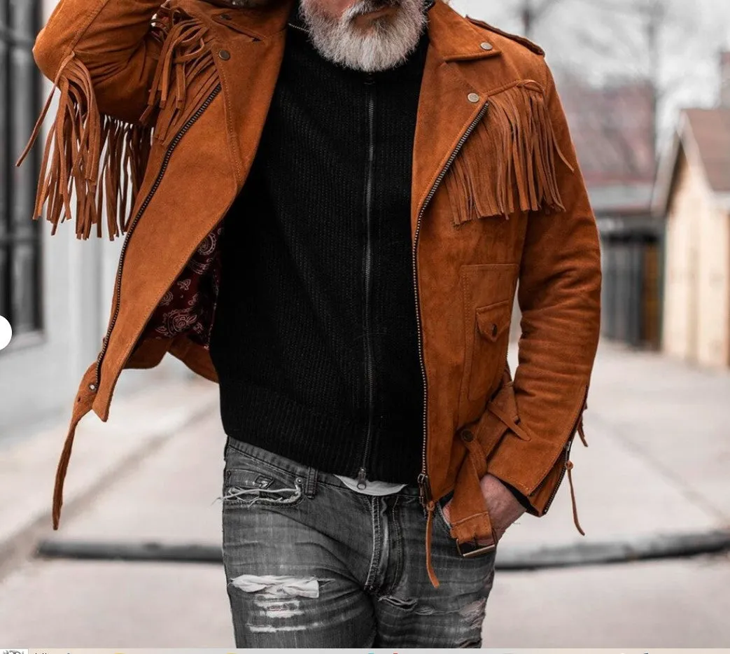 Men's Suede Leather Belted Jacket - Western Style Cowboy Fringe, Biker Fringe Jacket