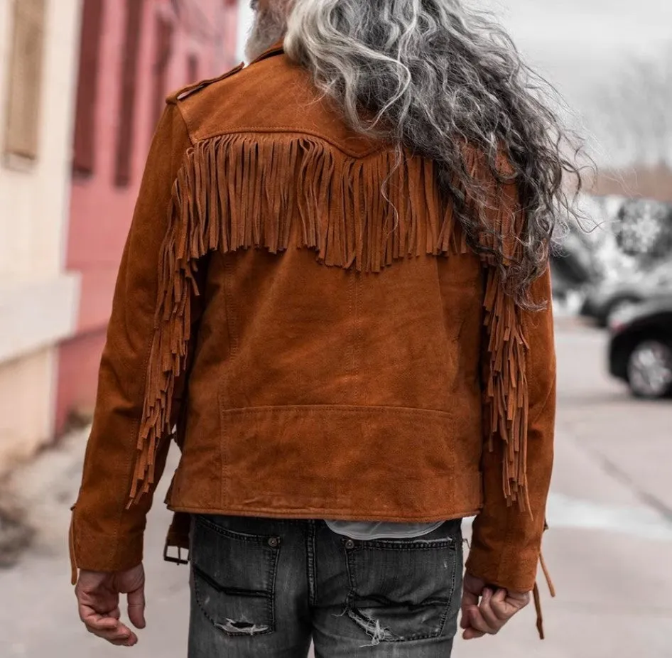 Men's Suede Leather Belted Jacket - Western Style Cowboy Fringe, Biker Fringe Jacket