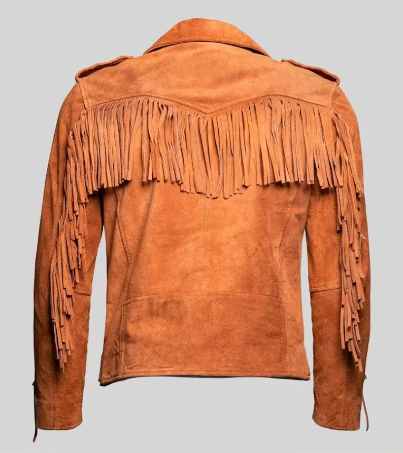 Men's Suede Leather Belted Jacket - Western Style Cowboy Fringe, Biker Fringe Jacket