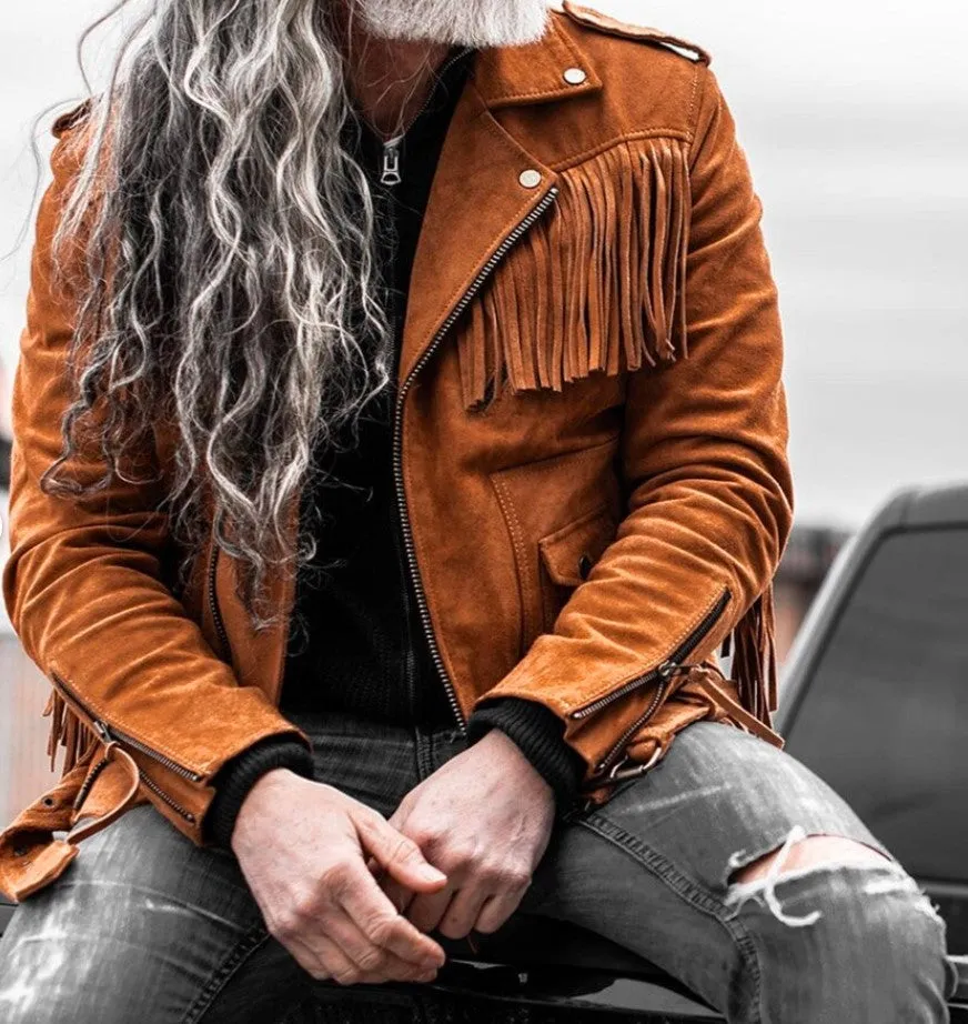 Men's Suede Leather Belted Jacket - Western Style Cowboy Fringe, Biker Fringe Jacket