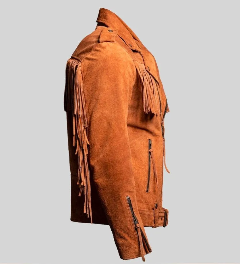 Men's Suede Leather Belted Jacket - Western Style Cowboy Fringe, Biker Fringe Jacket