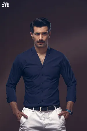 Navy Blue Shawl Collar Shirt