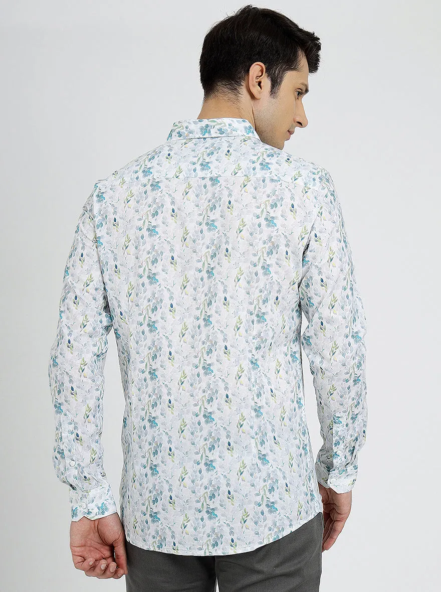 Off White Printed Slim Fit Casual Shirt | JadeBlue