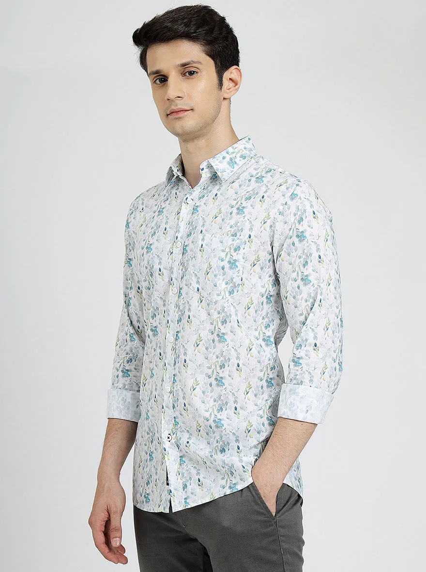 Off White Printed Slim Fit Casual Shirt | JadeBlue