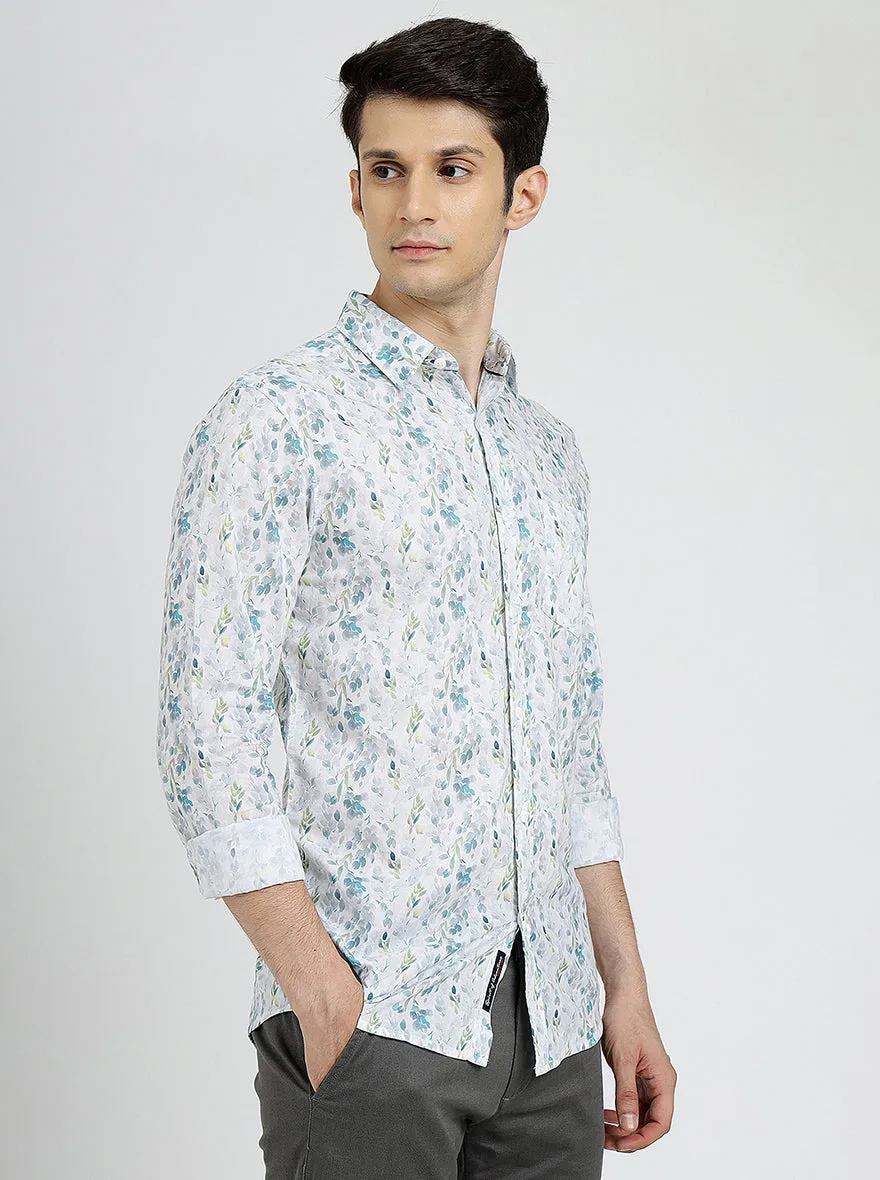 Off White Printed Slim Fit Casual Shirt | JadeBlue