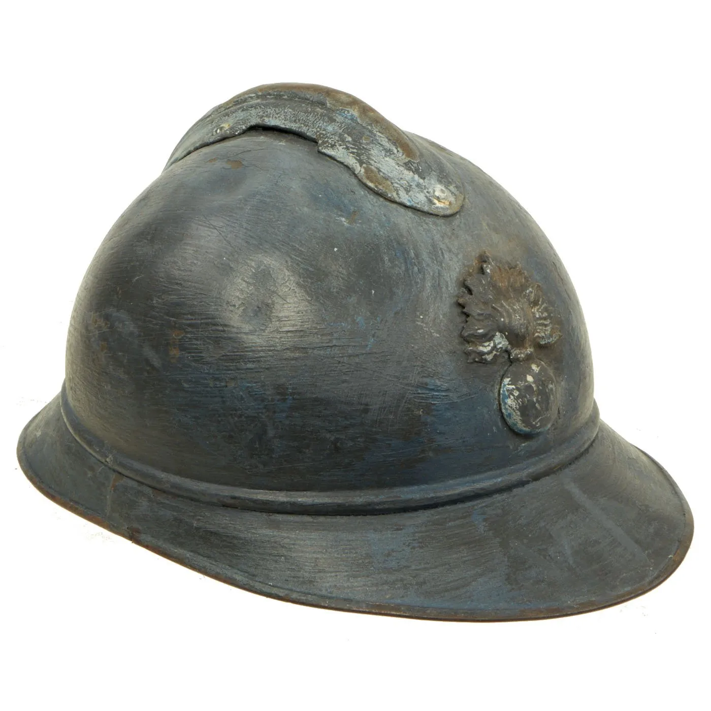 Original French WWI Early Issue Model 1915 Adrian Helmet in Horizon Blue with RF Badge