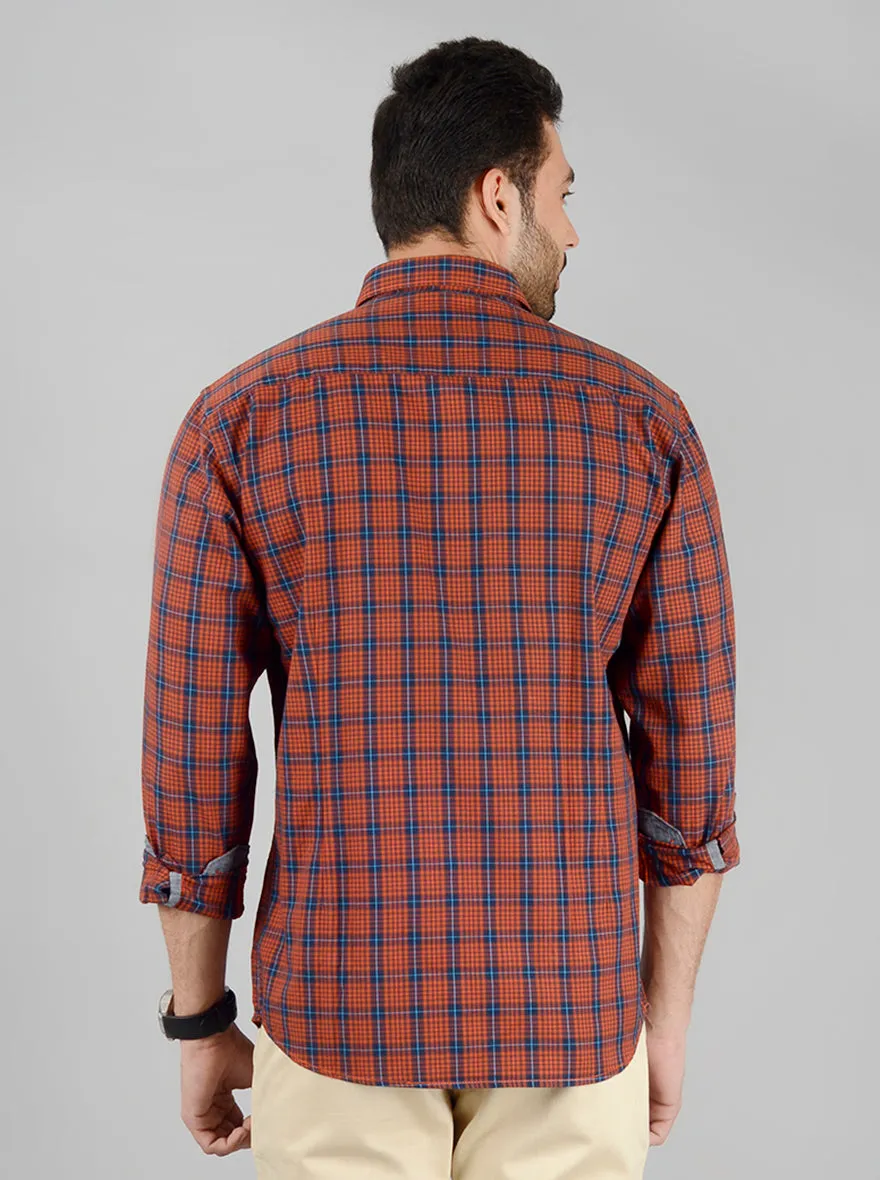 Rust Checked Slim Fit Casual Shirt | Greenfibre