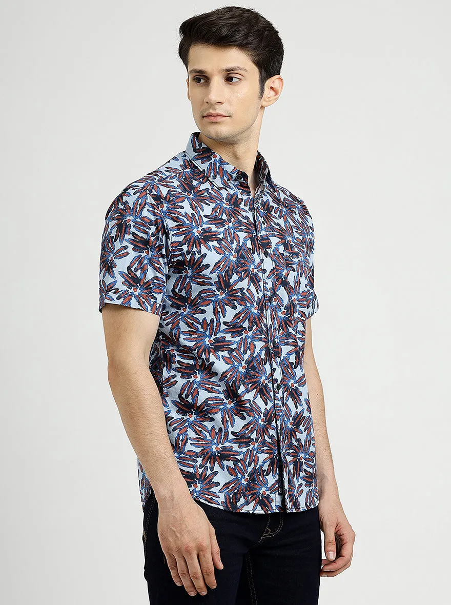 Sea Blue Printed Slim Fit Casual Shirt | Greenfibre