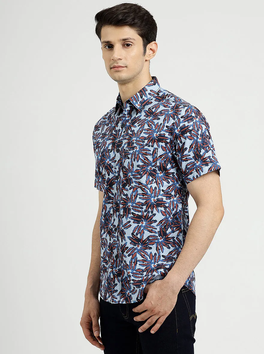 Sea Blue Printed Slim Fit Casual Shirt | Greenfibre