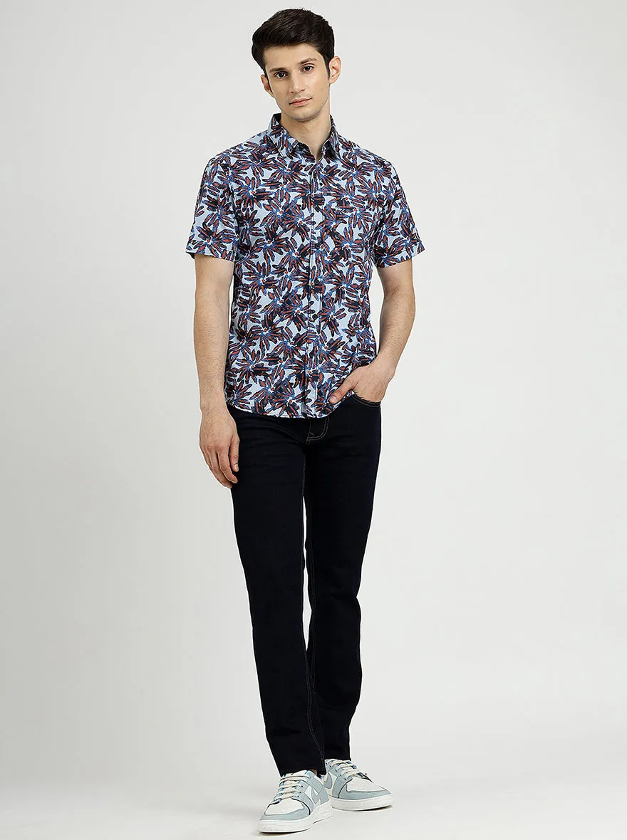 Sea Blue Printed Slim Fit Casual Shirt | Greenfibre