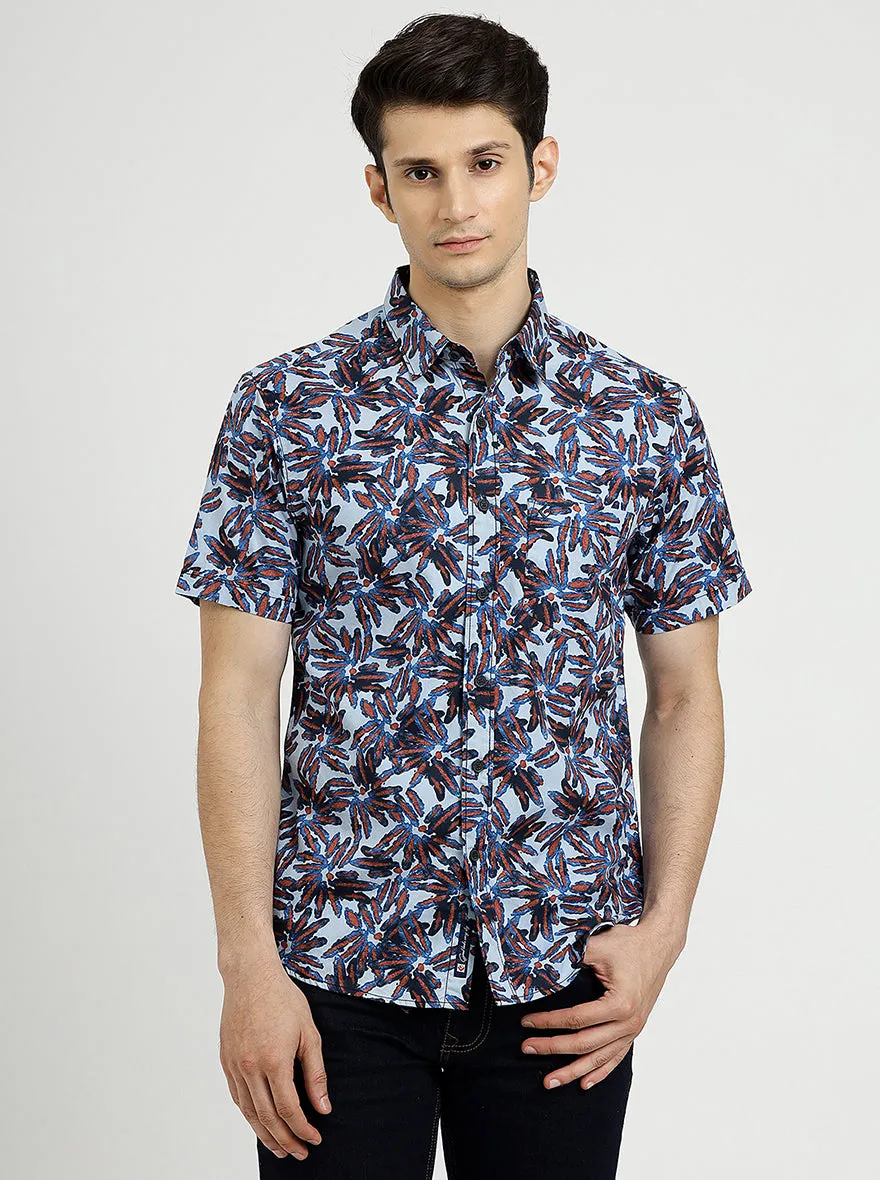 Sea Blue Printed Slim Fit Casual Shirt | Greenfibre