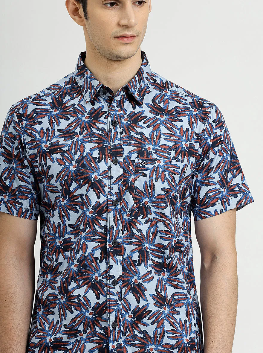 Sea Blue Printed Slim Fit Casual Shirt | Greenfibre