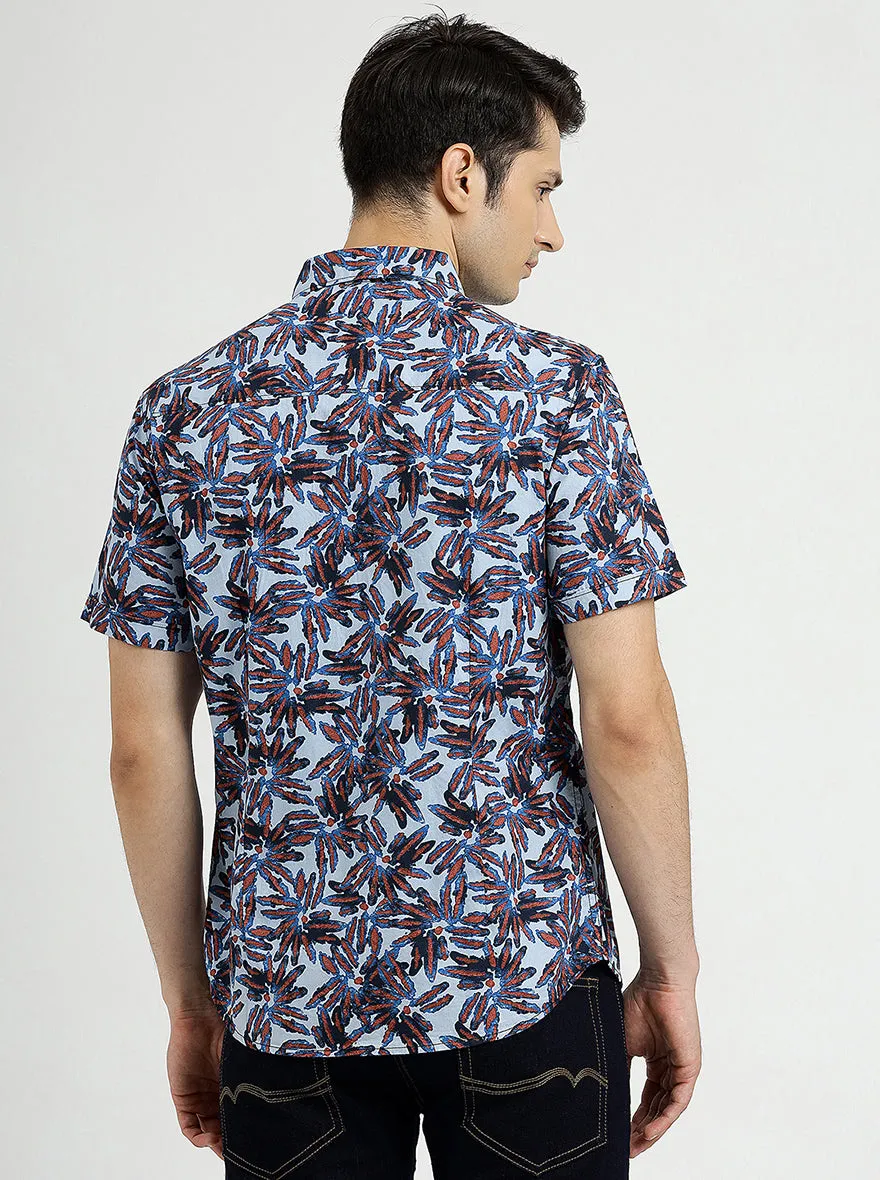 Sea Blue Printed Slim Fit Casual Shirt | Greenfibre