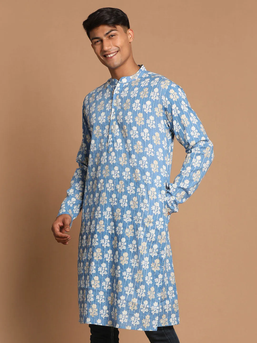 SHVAAS By VASTRAMAY Men's Blue Quirky Printed Thread Work Kurta