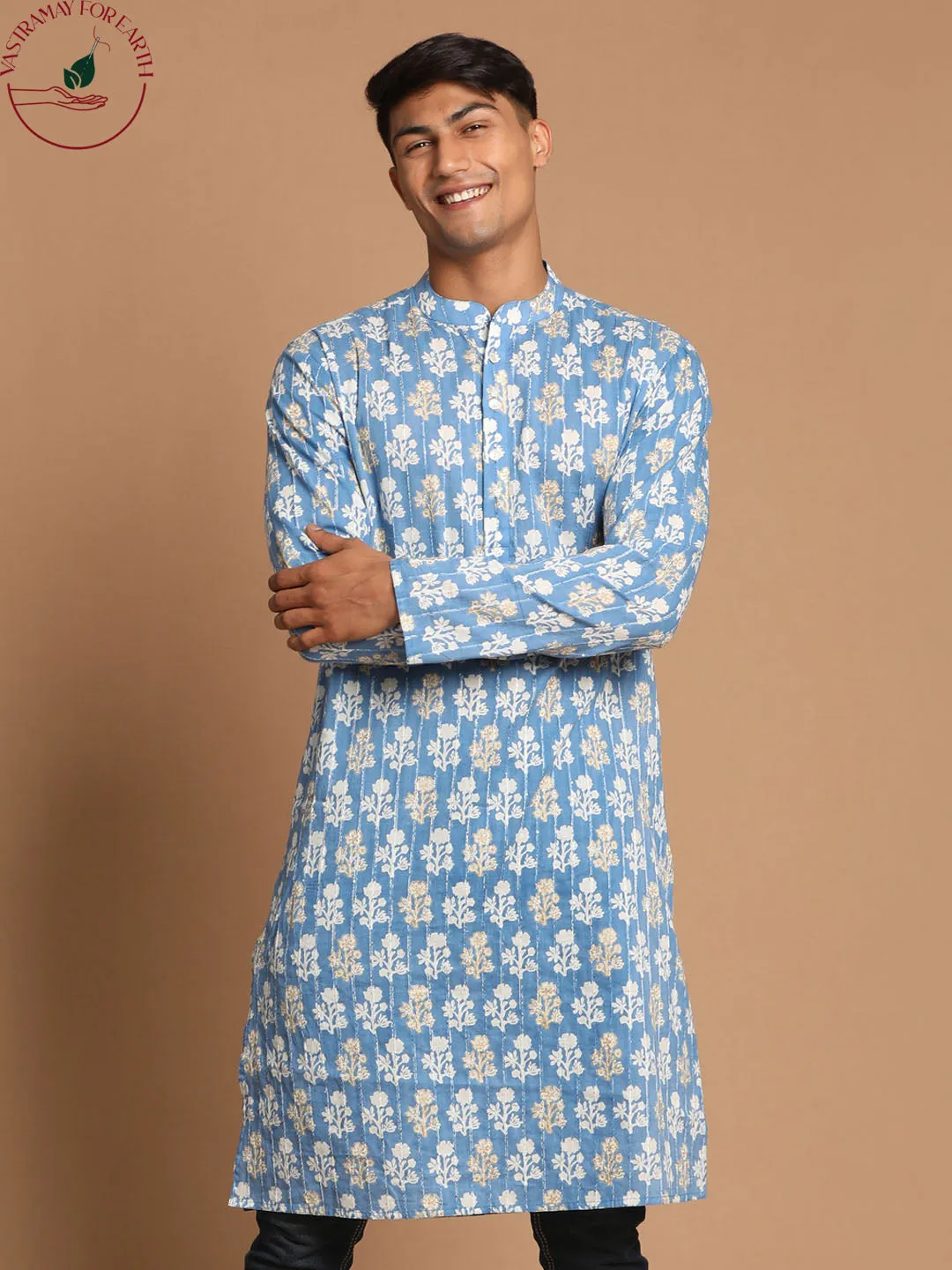 SHVAAS By VASTRAMAY Men's Blue Quirky Printed Thread Work Kurta