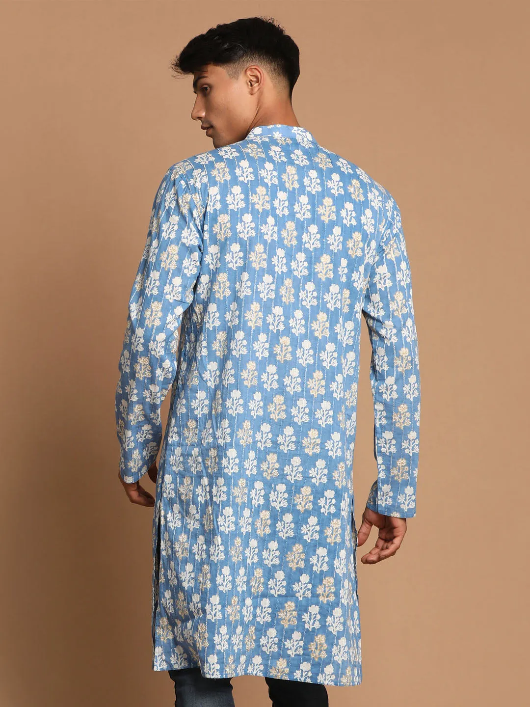 SHVAAS By VASTRAMAY Men's Blue Quirky Printed Thread Work Kurta